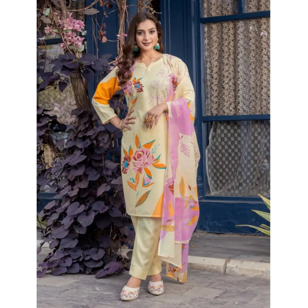 Snuggle Spot Women's Cotton Blend Printed Kurti With Pant Dupatta Set (Cream)