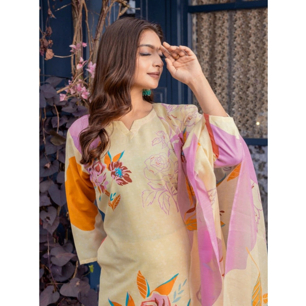 Snuggle Spot Women's Cotton Blend Printed Kurti With Pant Dupatta Set (Cream)