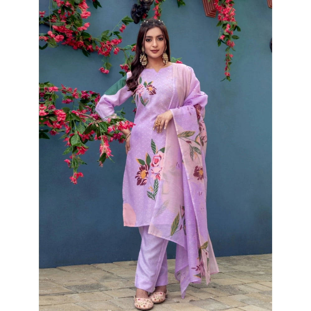 Snuggle Spot Women's Cotton Blend Printed Kurti With Pant Dupatta Set (Lavender)