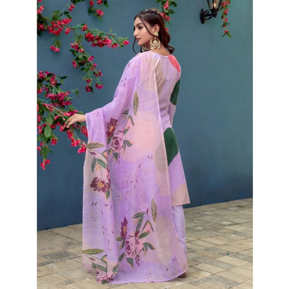 Snuggle Spot Women's Cotton Blend Printed Kurti With Pant Dupatta Set (Lavender)