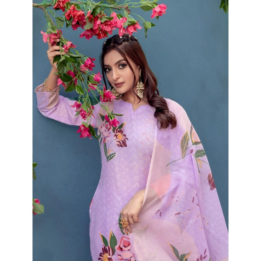 Snuggle Spot Women's Cotton Blend Printed Kurti With Pant Dupatta Set (Lavender)