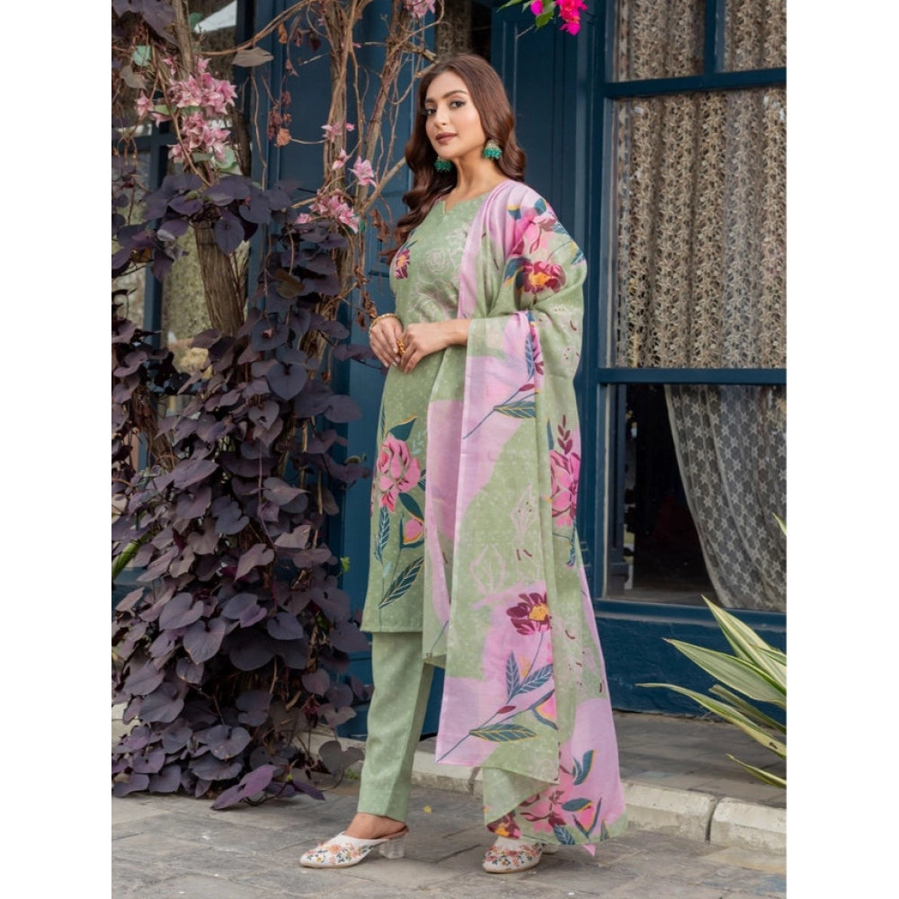 Snuggle Spot Women's Cotton Blend Printed Kurti With Pant Dupatta Set (Mehendi)
