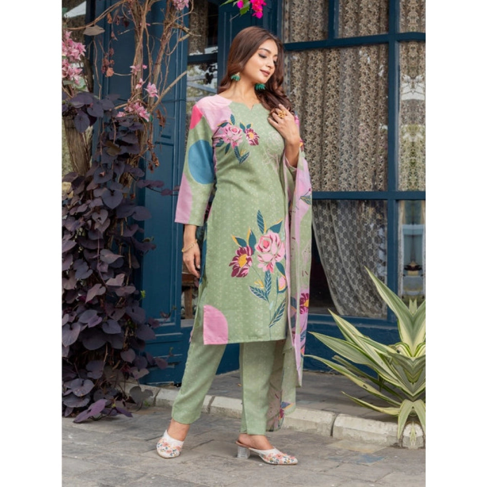 Snuggle Spot Women's Cotton Blend Printed Kurti With Pant Dupatta Set (Mehendi)