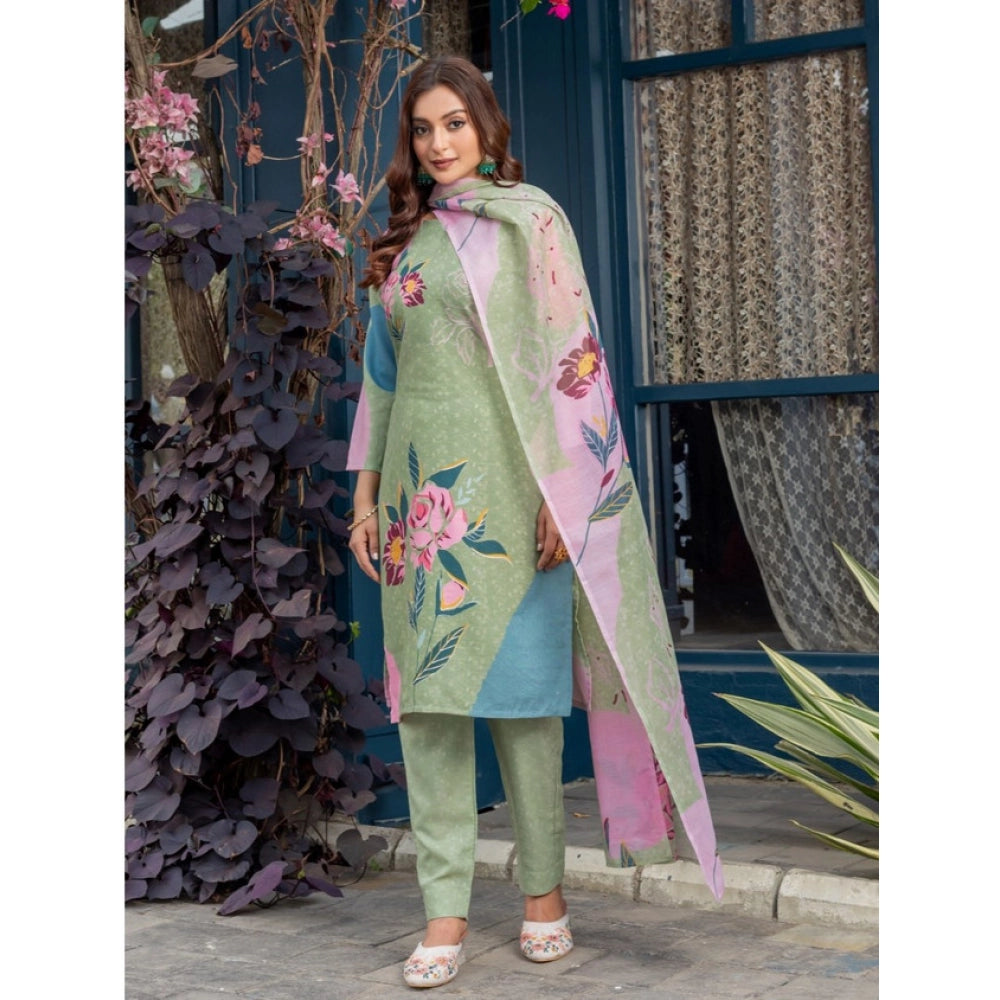 Snuggle Spot Women's Cotton Blend Printed Kurti With Pant Dupatta Set (Mehendi)