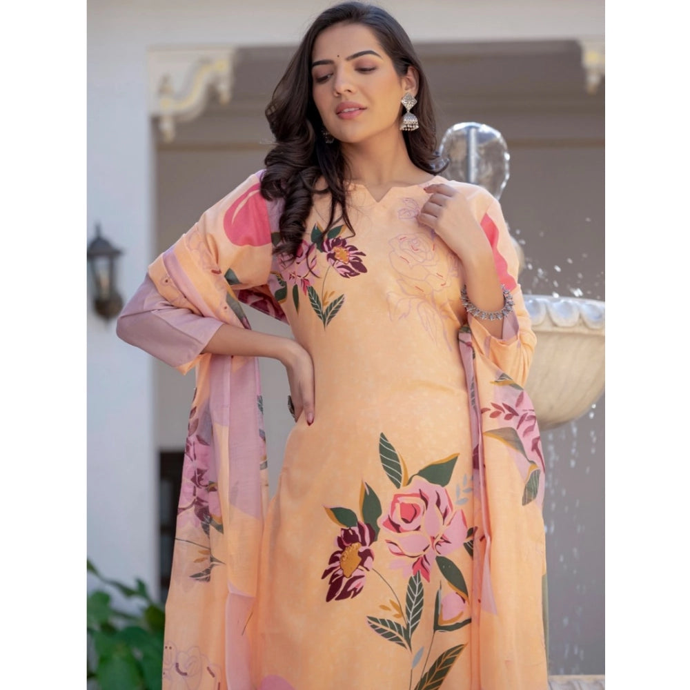 Snuggle Spot Women's Cotton Blend Printed Kurti With Pant Dupatta Set (Orange)