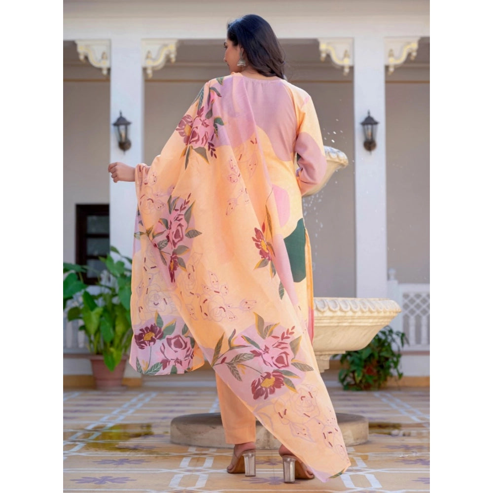 Snuggle Spot Women's Cotton Blend Printed Kurti With Pant Dupatta Set (Orange)