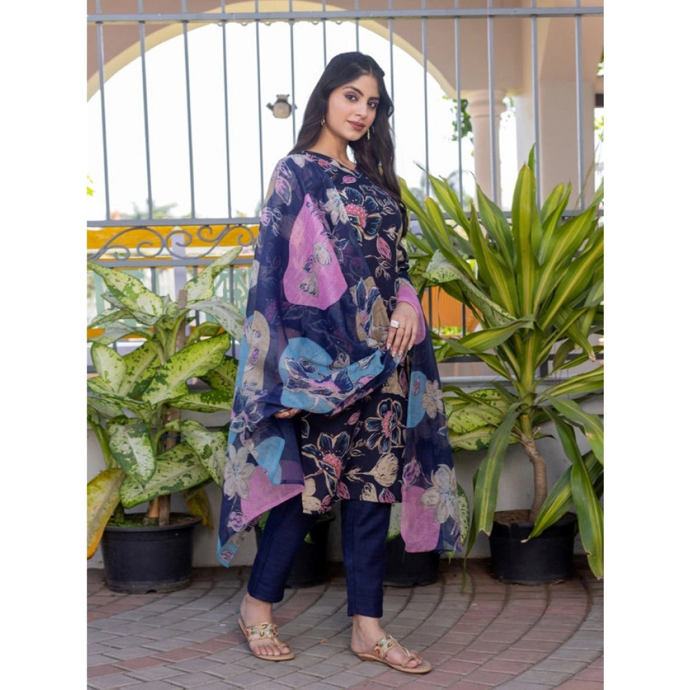 Snuggle Spot Women's Cotton Blend Printed Kurti With Pant Dupatta Set (NavyBlue)