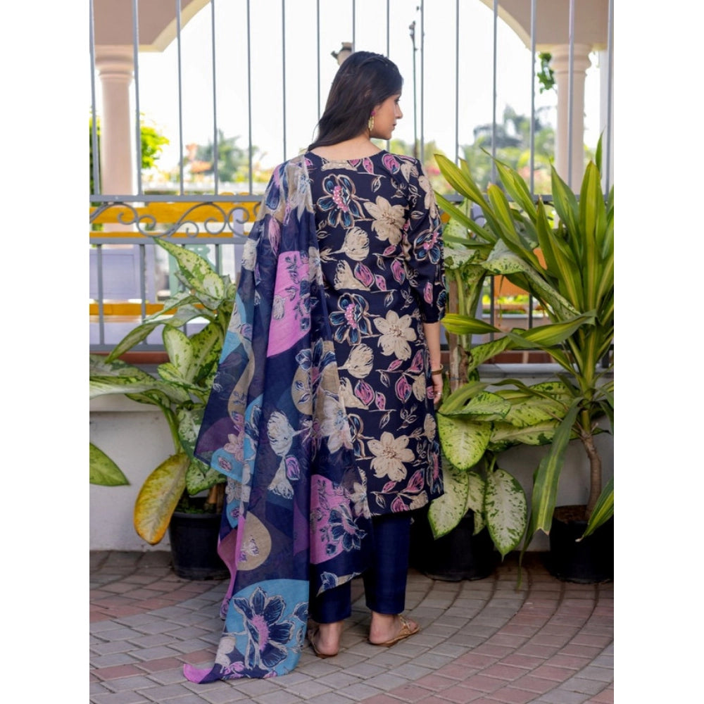 Snuggle Spot Women's Cotton Blend Printed Kurti With Pant Dupatta Set (NavyBlue)