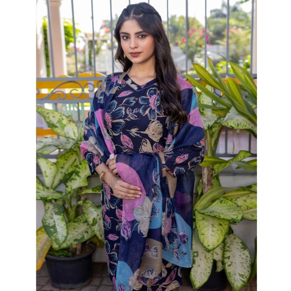 Snuggle Spot Women's Cotton Blend Printed Kurti With Pant Dupatta Set (NavyBlue)