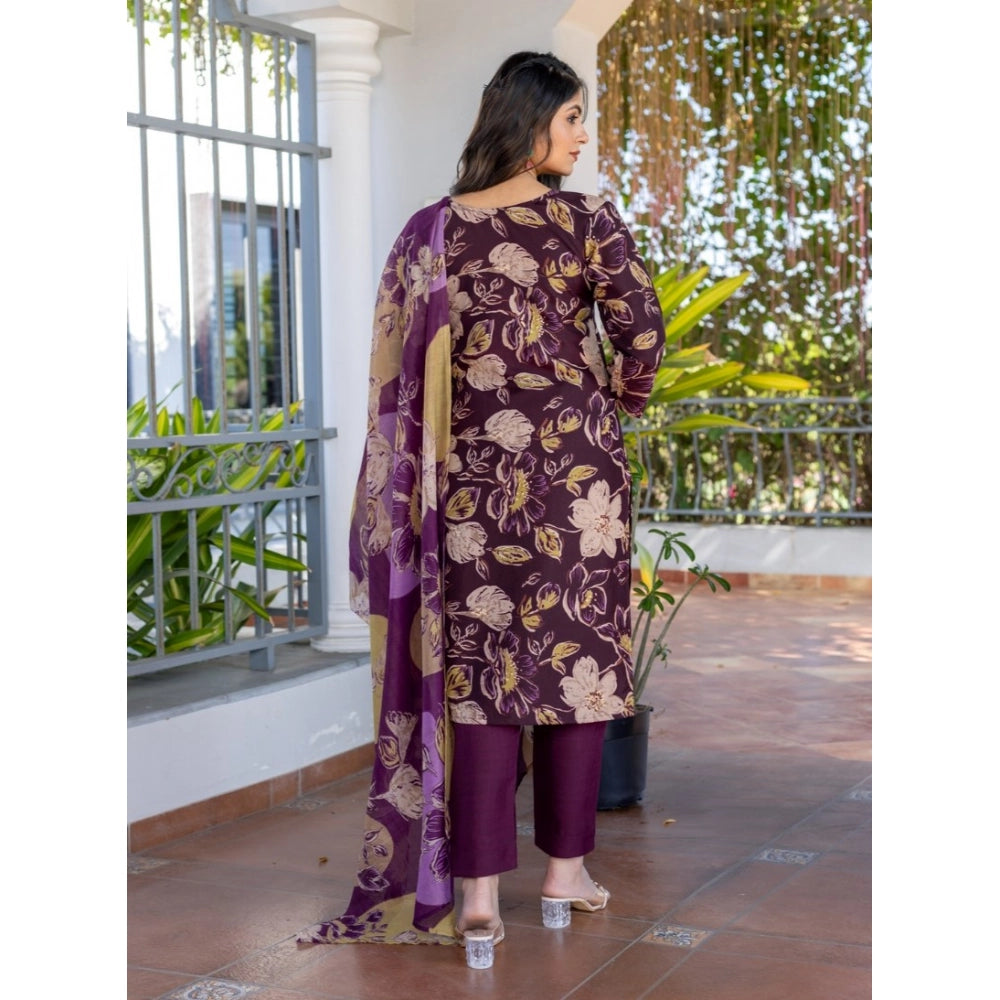 Snuggle Spot Women's Cotton Blend Printed Kurti With Pant Dupatta Set (Purple)