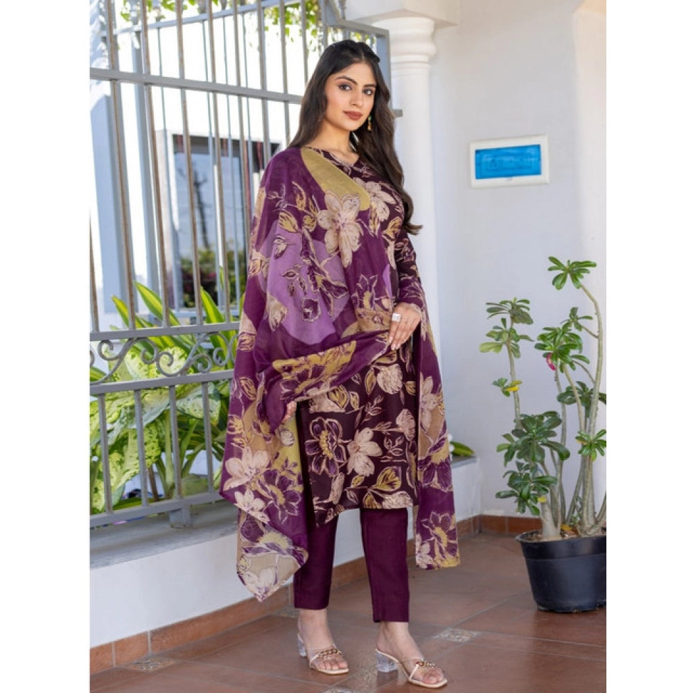 Snuggle Spot Women's Cotton Blend Printed Kurti With Pant Dupatta Set (Purple)
