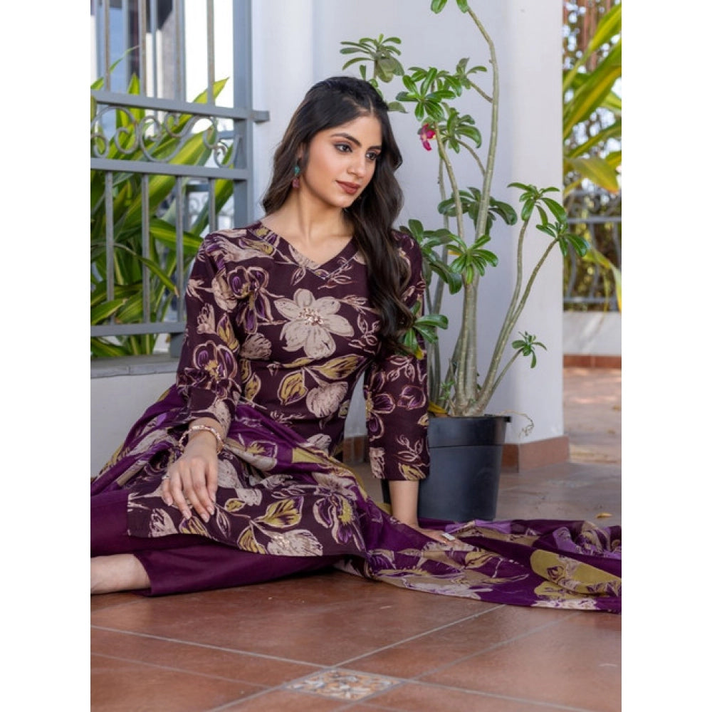 Snuggle Spot Women's Cotton Blend Printed Kurti With Pant Dupatta Set (Purple)