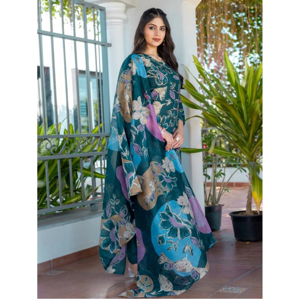 Snuggle Spot Women's Cotton Blend Printed Kurti With Pant Dupatta Set (Rama)