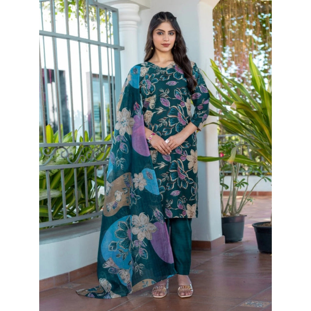 Snuggle Spot Women's Cotton Blend Printed Kurti With Pant Dupatta Set (Rama)