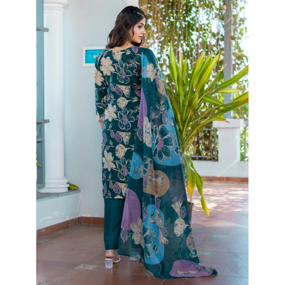 Snuggle Spot Women's Cotton Blend Printed Kurti With Pant Dupatta Set (Rama)