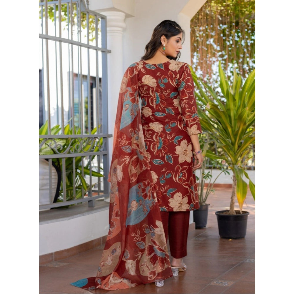 Snuggle Spot Women's Cotton Blend Printed Kurti With Pant Dupatta Set (Rust)