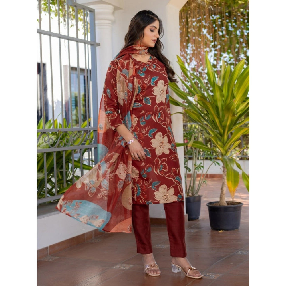 Snuggle Spot Women's Cotton Blend Printed Kurti With Pant Dupatta Set (Rust)