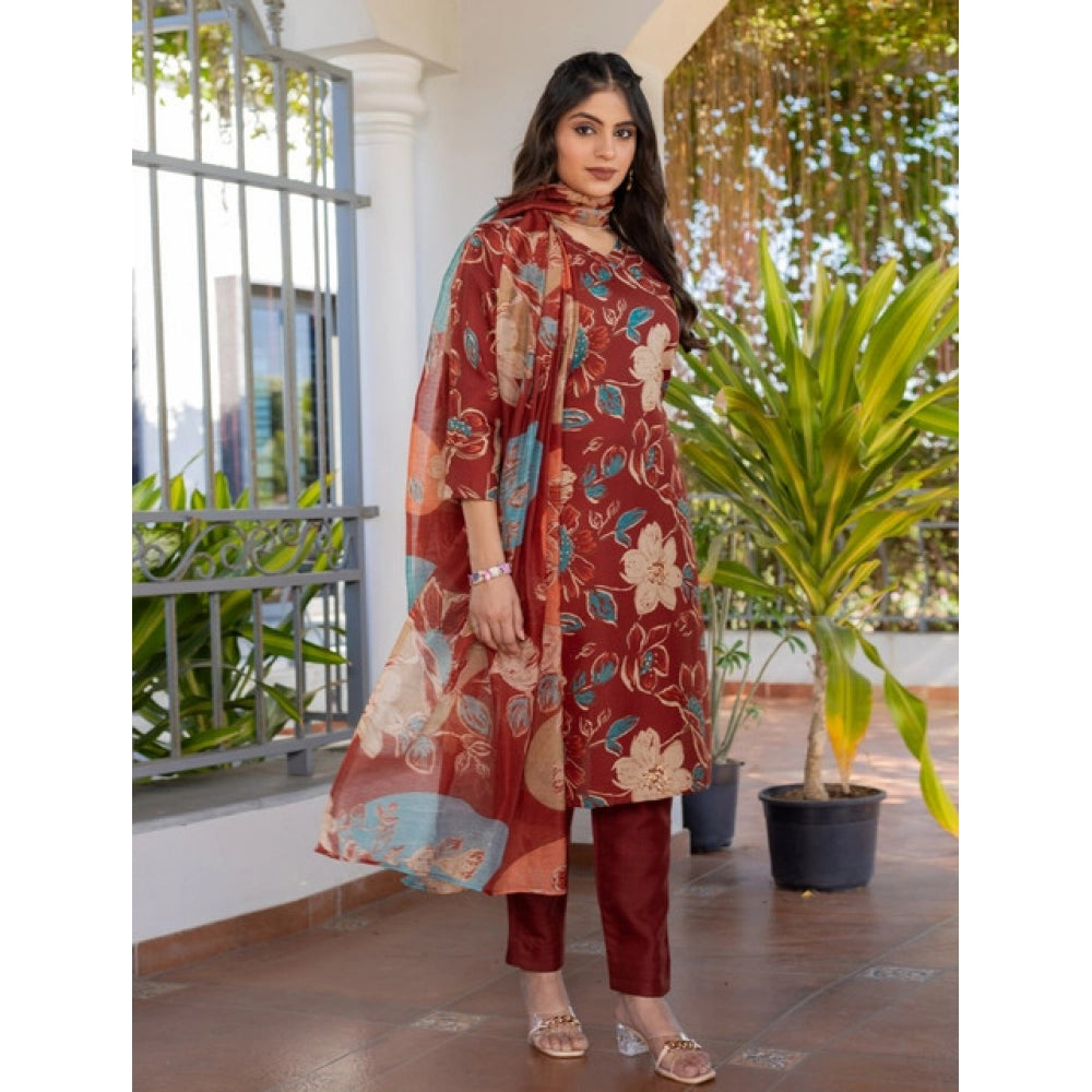 Snuggle Spot Women's Cotton Blend Printed Kurti With Pant Dupatta Set (Rust)