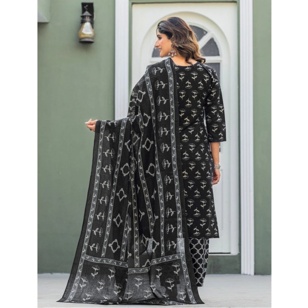 Snuggle Spot Women's Cotton Blend Printed Kurti With Pant Dupatta Set (Black)