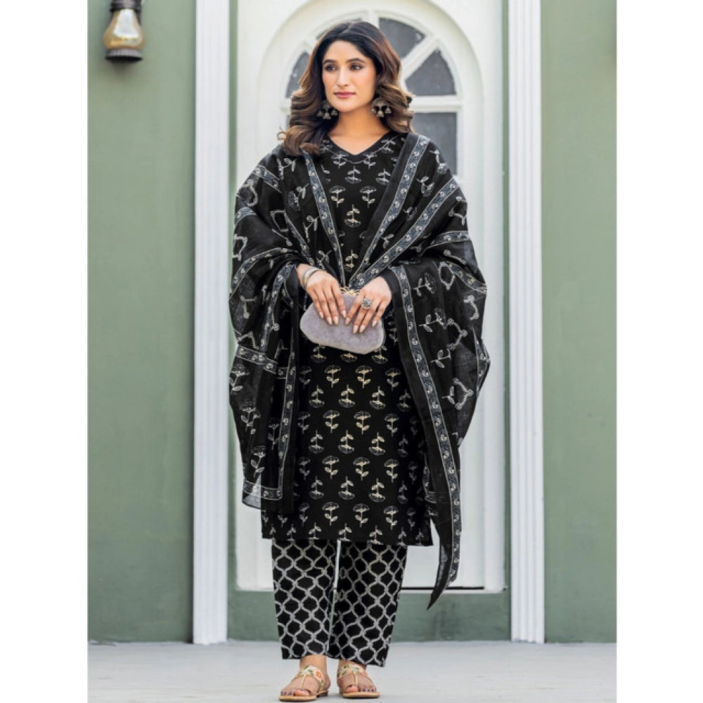Snuggle Spot Women's Cotton Blend Printed Kurti With Pant Dupatta Set (Black)