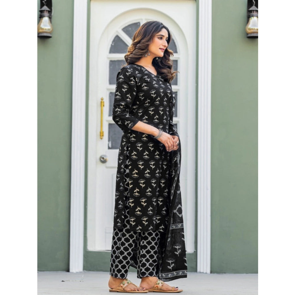 Snuggle Spot Women's Cotton Blend Printed Kurti With Pant Dupatta Set (Black)