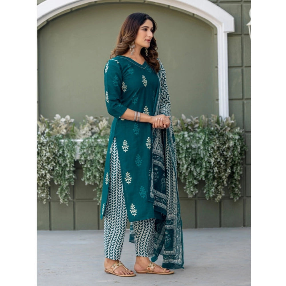 Snuggle Spot Women's Cotton Blend Printed Kurti With Pant Dupatta Set (Morpichh)