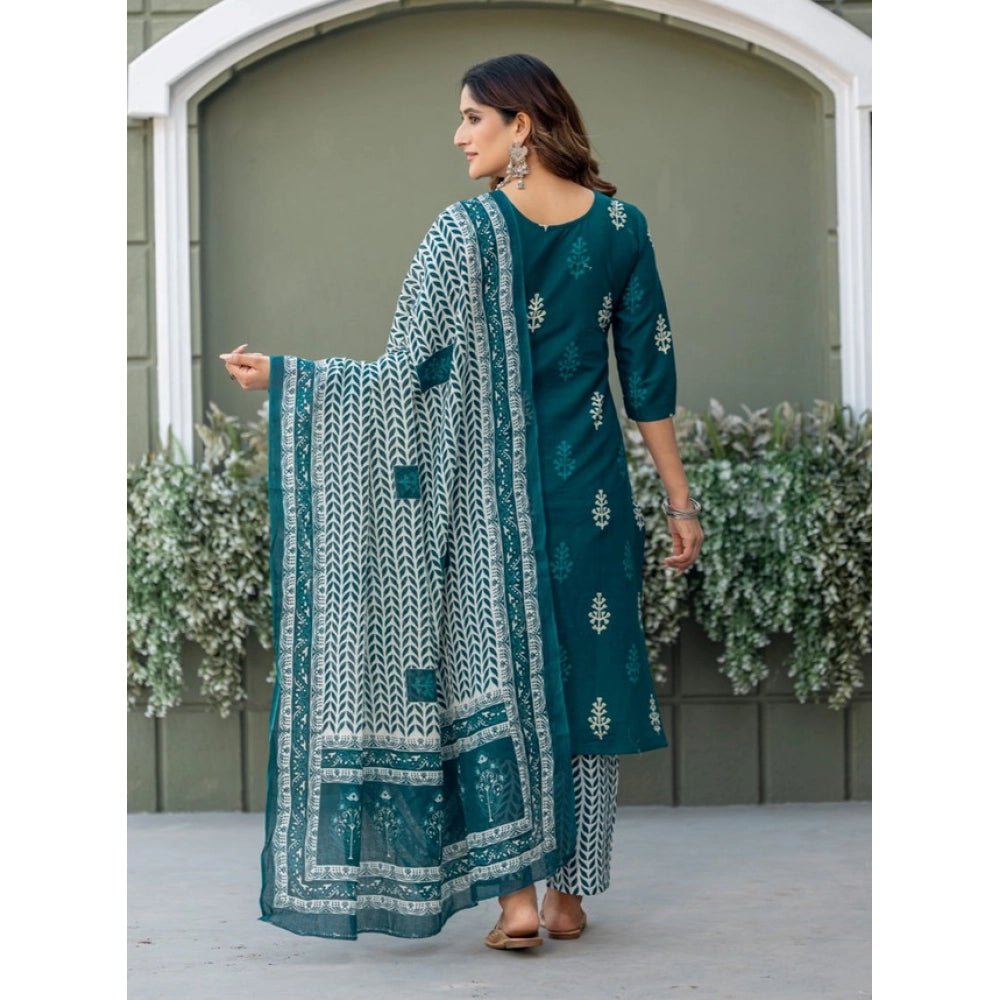 Snuggle Spot Women's Cotton Blend Printed Kurti With Pant Dupatta Set (Morpichh)