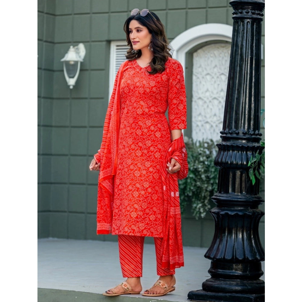 Snuggle Spot Women's Cotton Blend Printed Kurti With Pant Dupatta Set (Orange)