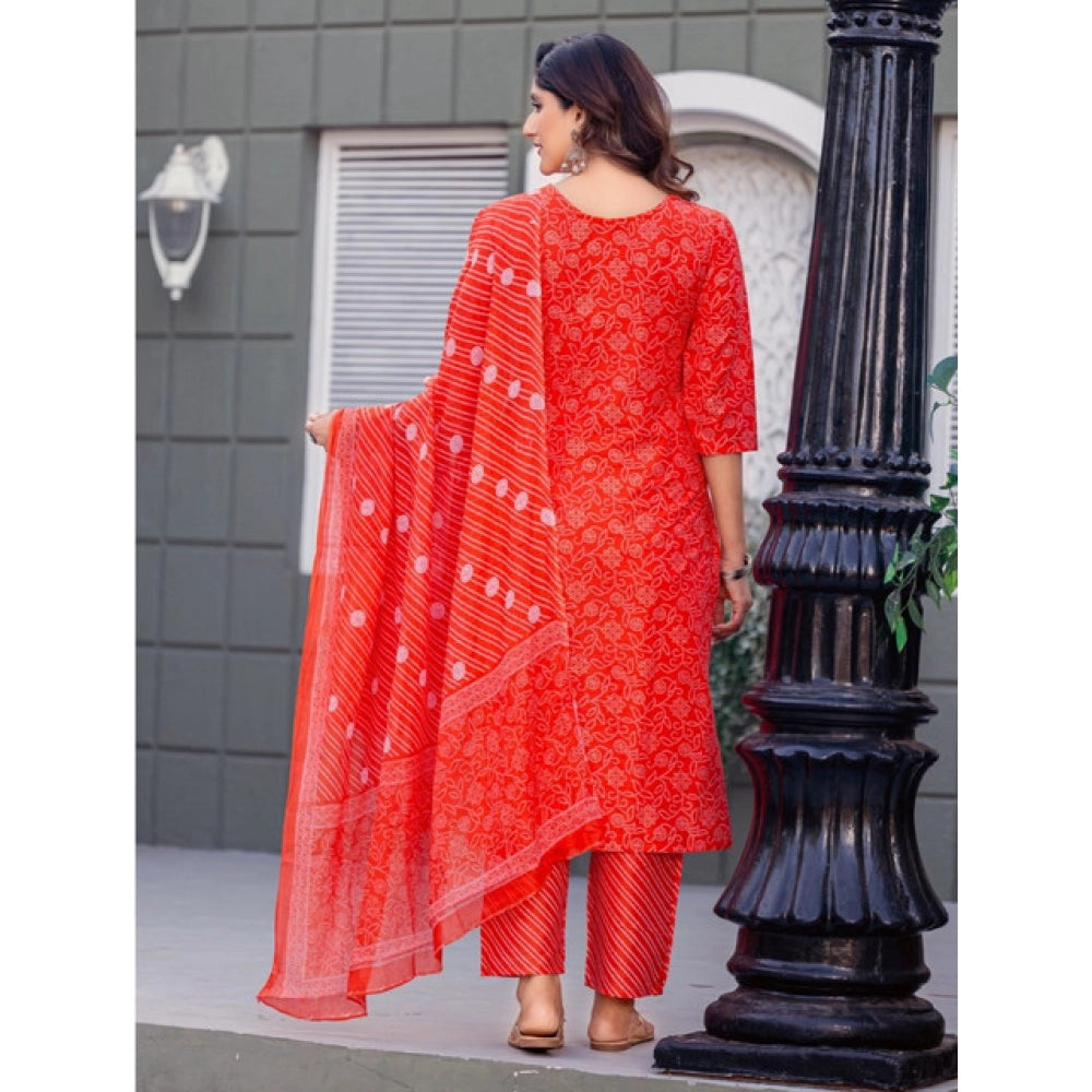 Snuggle Spot Women's Cotton Blend Printed Kurti With Pant Dupatta Set (Orange)