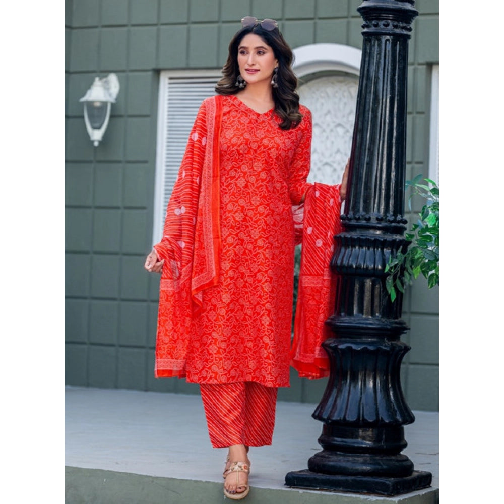Snuggle Spot Women's Cotton Blend Printed Kurti With Pant Dupatta Set (Orange)