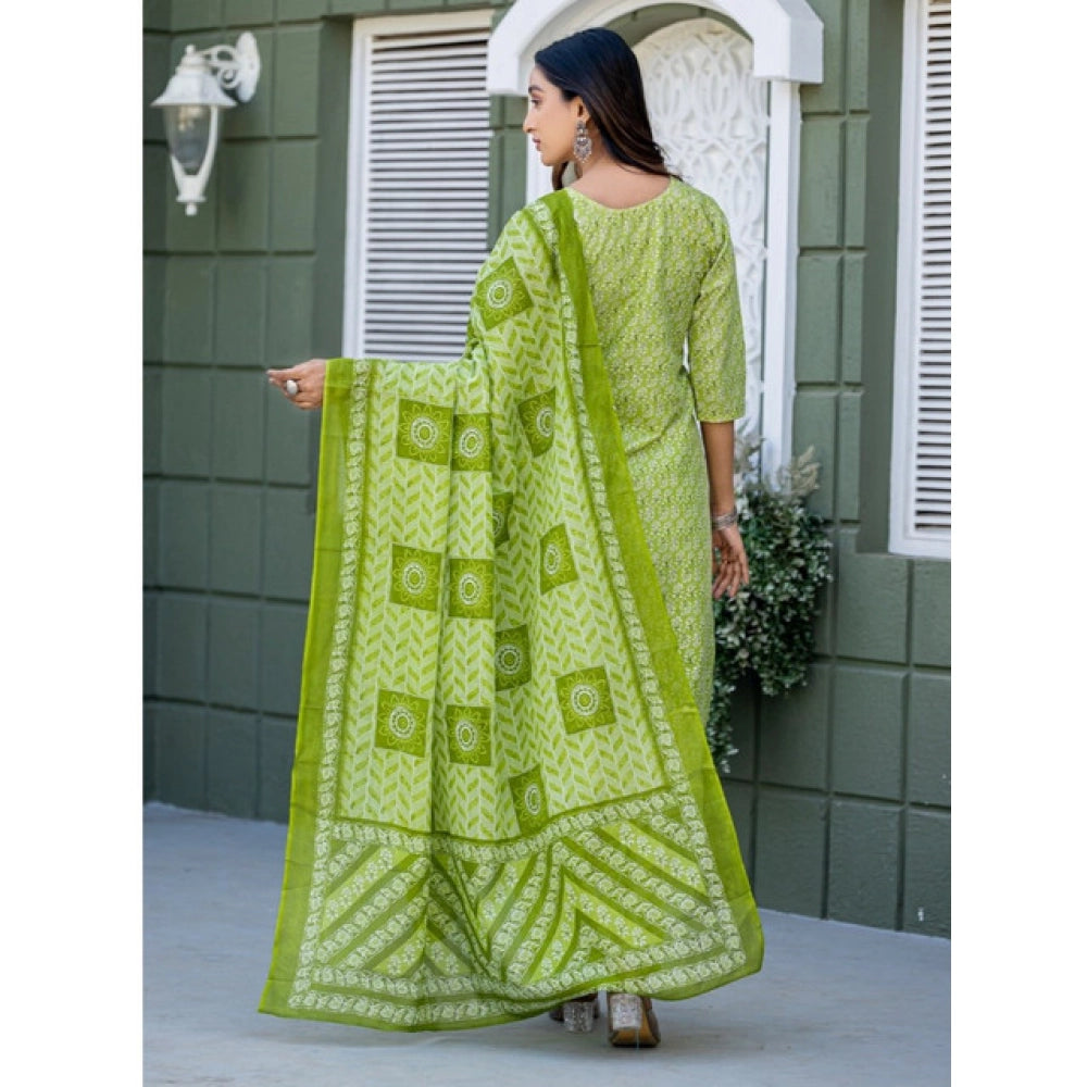 Snuggle Spot Women's Cotton Blend Printed Kurti With Pant Dupatta Set (Parrot)