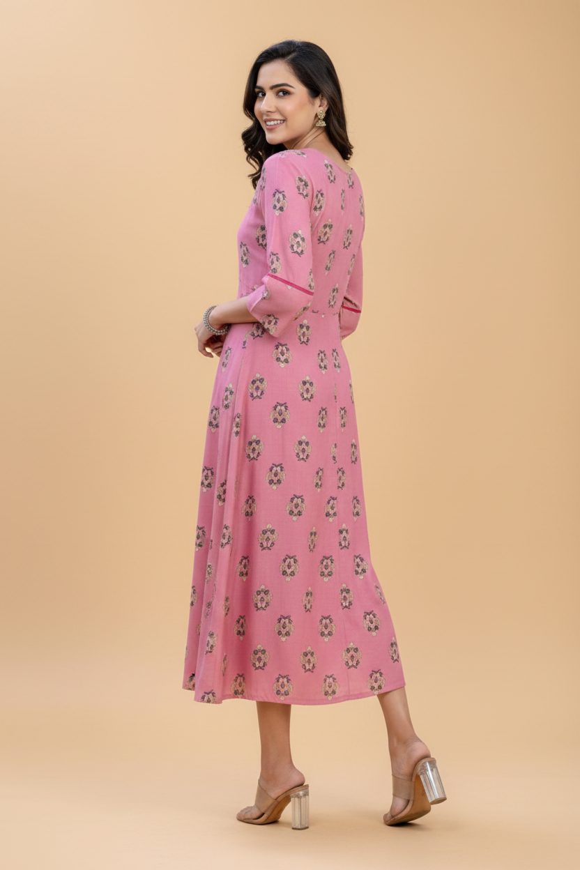 Snuggle Spot Women's Rayon  Print With Embroidery Work A-Line Kurti (Wine)