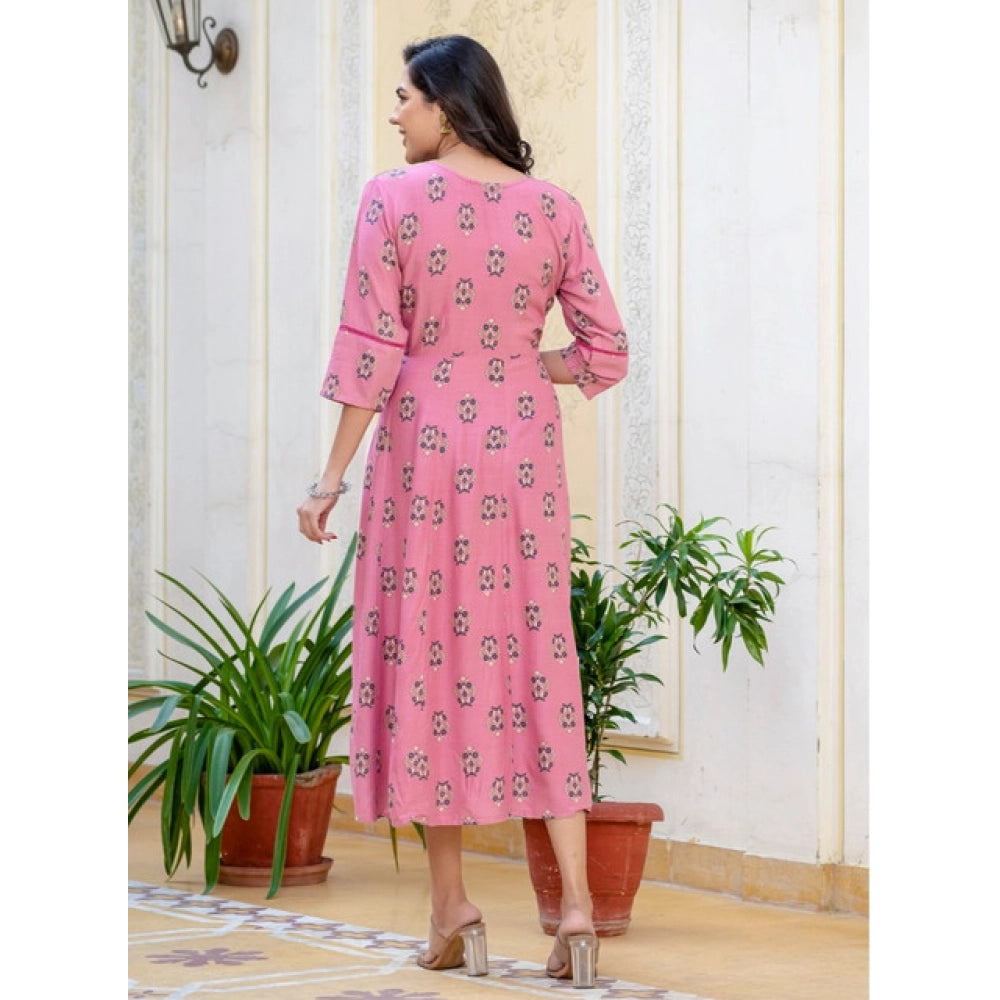 Snuggle Spot Women's Rayon  Print With Embroidery Work A-Line Kurti (Wine)