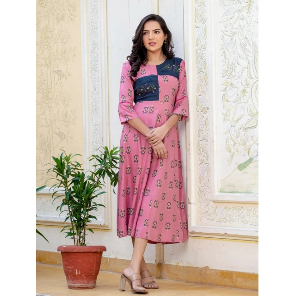 Snuggle Spot Women's Rayon  Print With Embroidery Work A-Line Kurti (Wine)