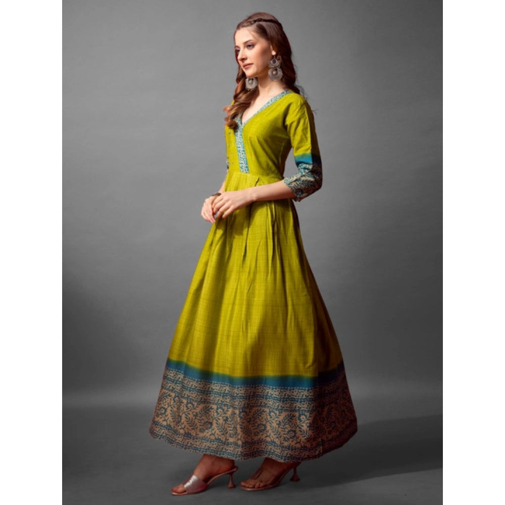 Snuggle Spot Women's Cotton Blend Printed Anarkali Gown (Green)
