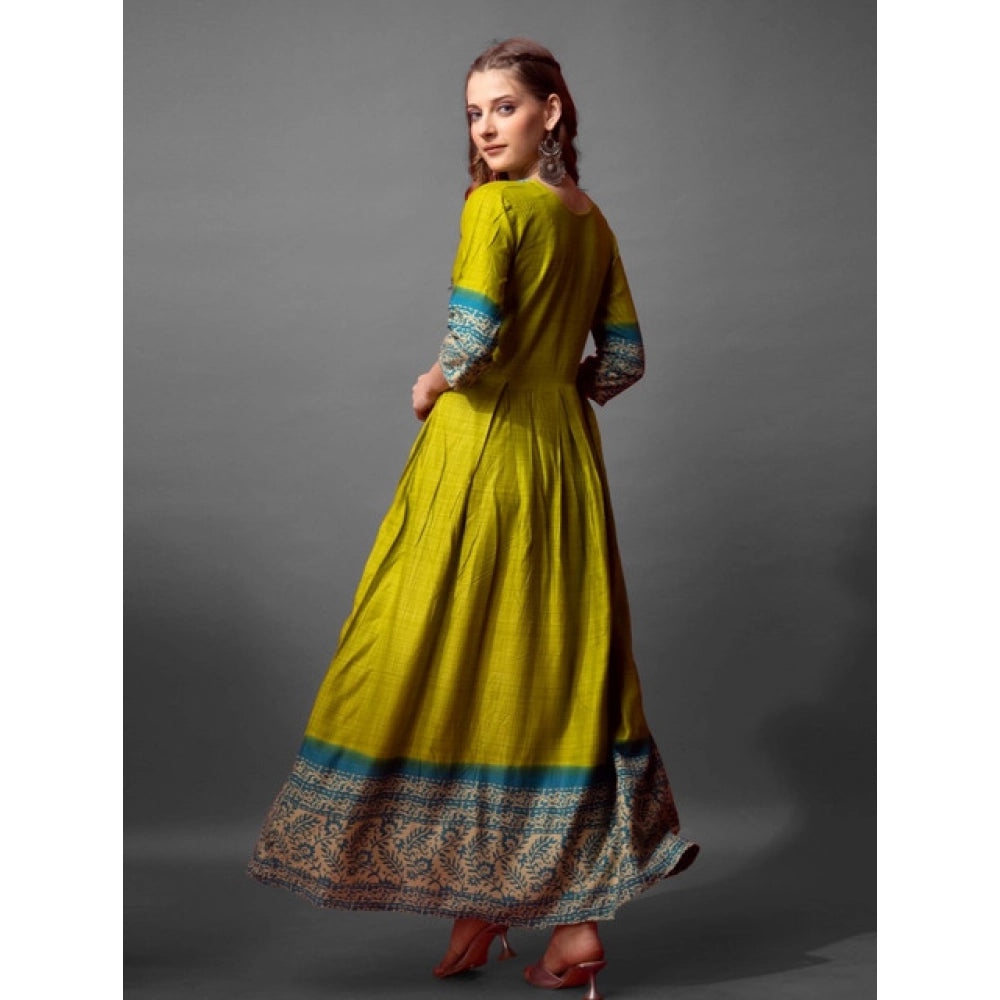Snuggle Spot Women's Cotton Blend Printed Anarkali Gown (Green)