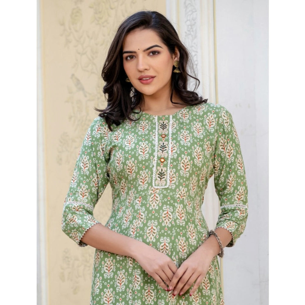 Snuggle Spot Women's Rayon  Print With Embroidery Work A-Line Kurti (Green)
