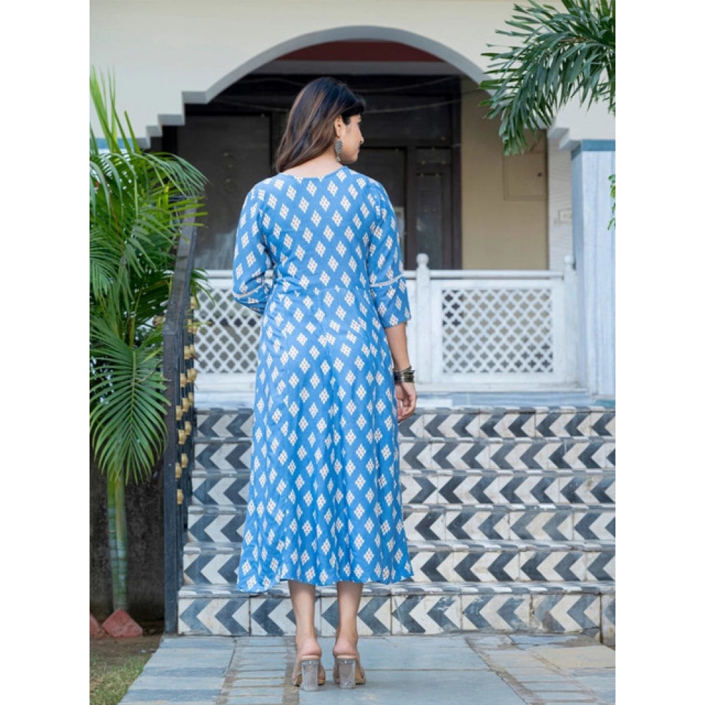 Snuggle Spot Women's Rayon Print With Embroidery Work A-Line Kurti (Sky Blue)