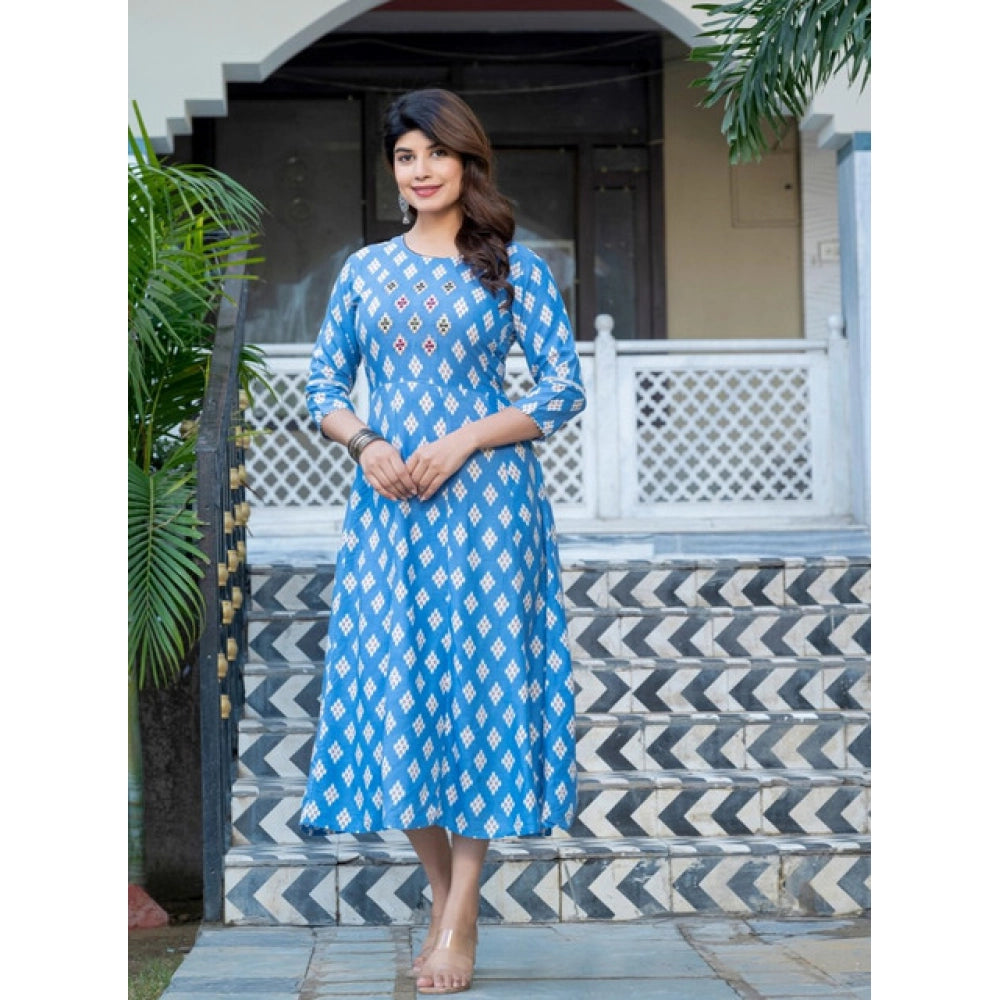Snuggle Spot Women's Rayon Print With Embroidery Work A-Line Kurti (Sky Blue)