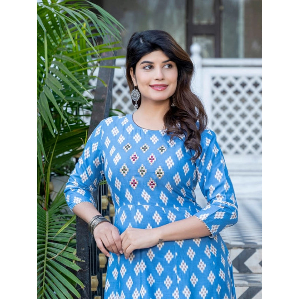 Snuggle Spot Women's Rayon Print With Embroidery Work A-Line Kurti (Sky Blue)