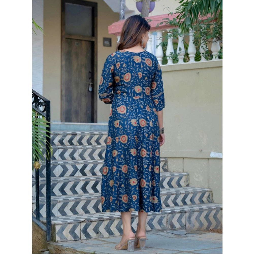 Snuggle Spot Women's Rayon Print With Embroidery Work A-Line Kurti (Navy Blue)