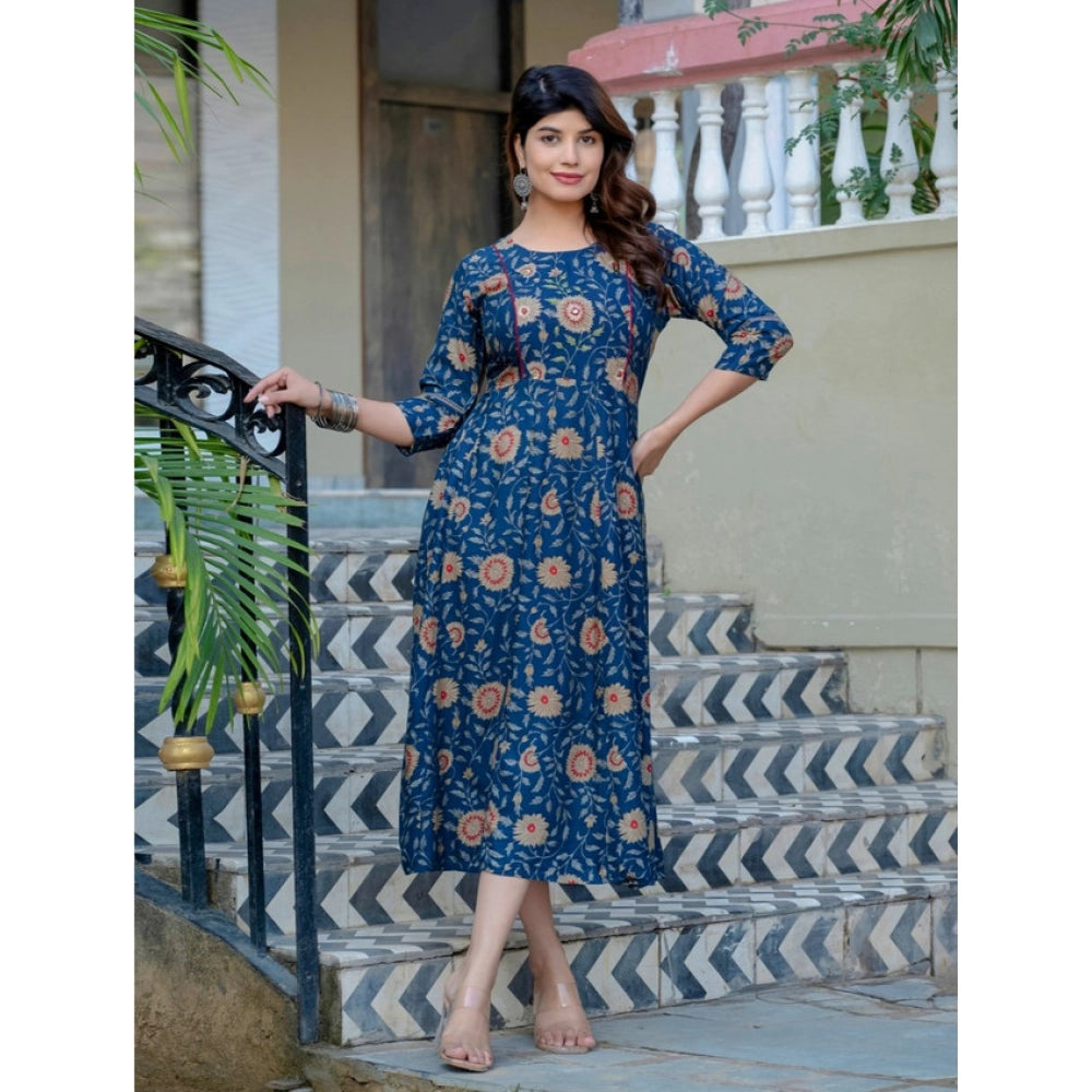 Snuggle Spot Women's Rayon Print With Embroidery Work A-Line Kurti (Navy Blue)