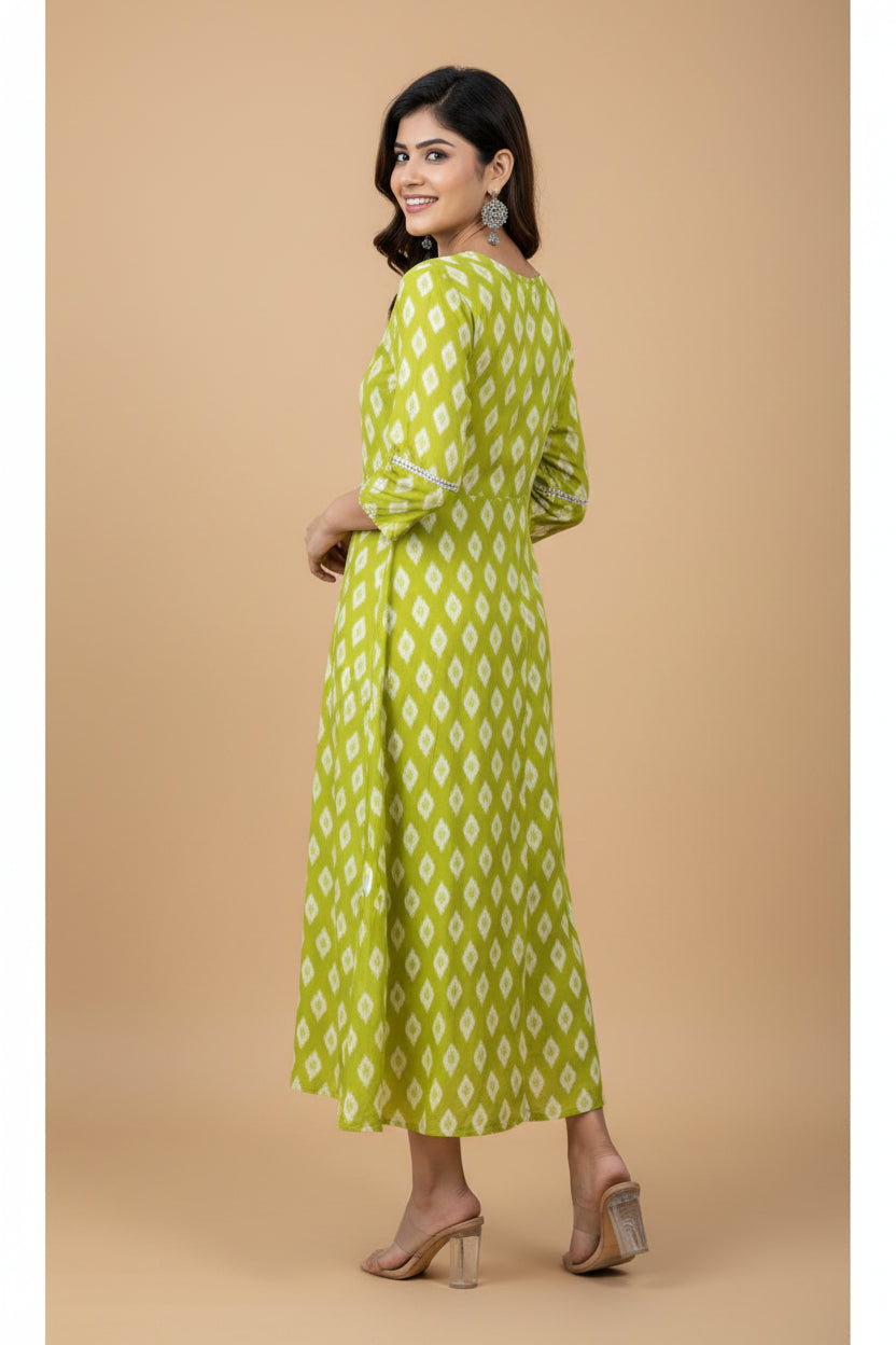 Snuggle Spot Women's Rayon Print With Embroidery Work A-Line Kurti (Parrot)