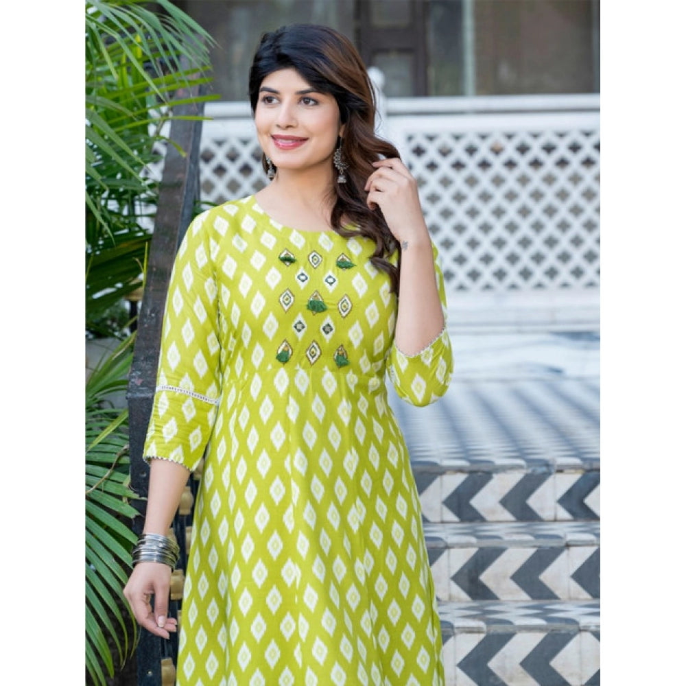 Snuggle Spot Women's Rayon Print With Embroidery Work A-Line Kurti (Parrot)