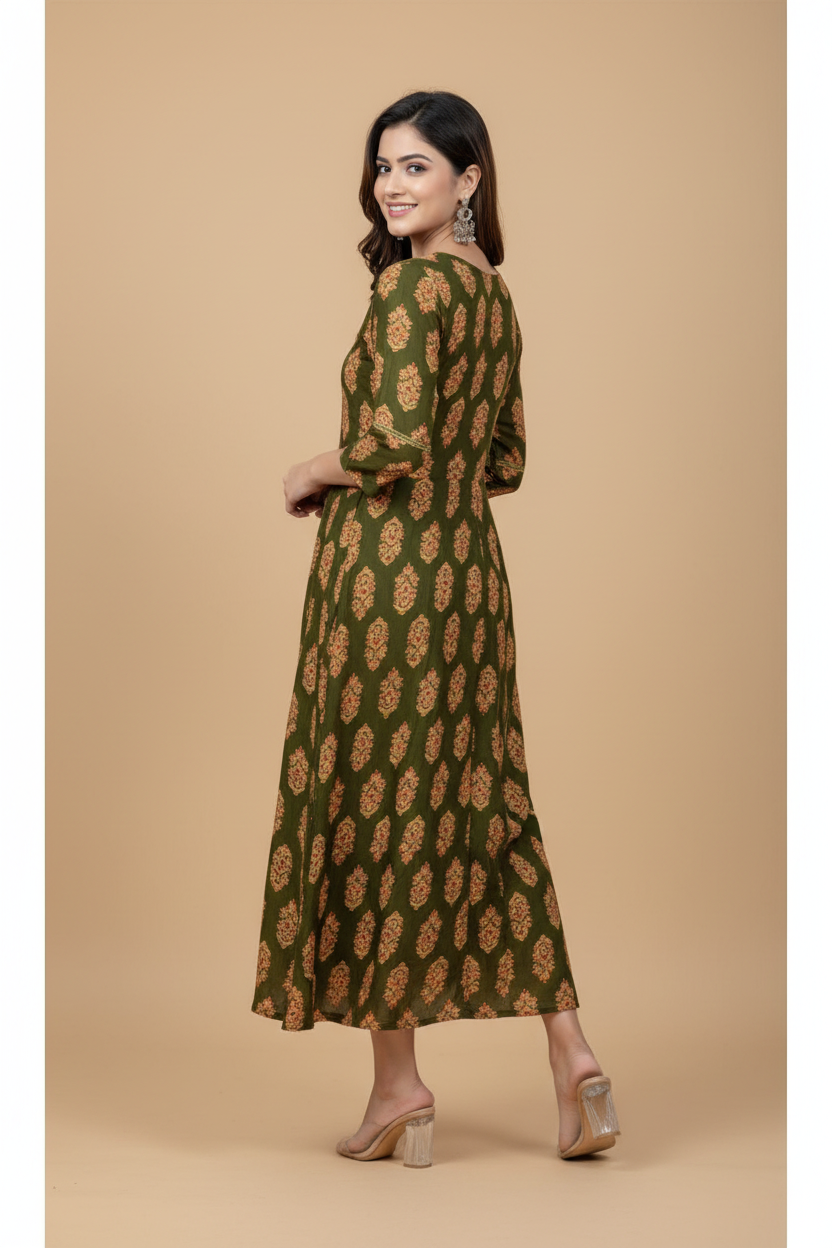 Snuggle Spot Women's Rayon Print With Embroidery Work A-Line Kurti (Dark Green)