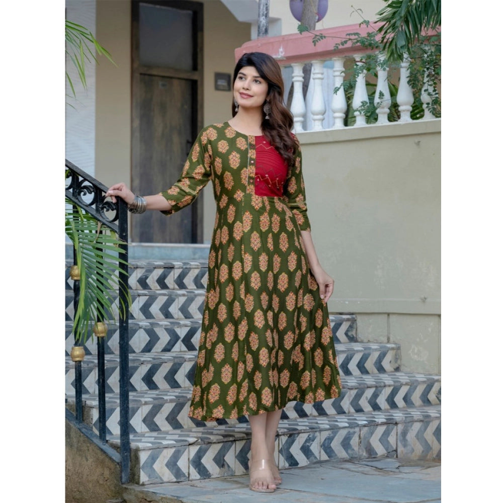 Snuggle Spot Women's Rayon Print With Embroidery Work A-Line Kurti (Dark Green)