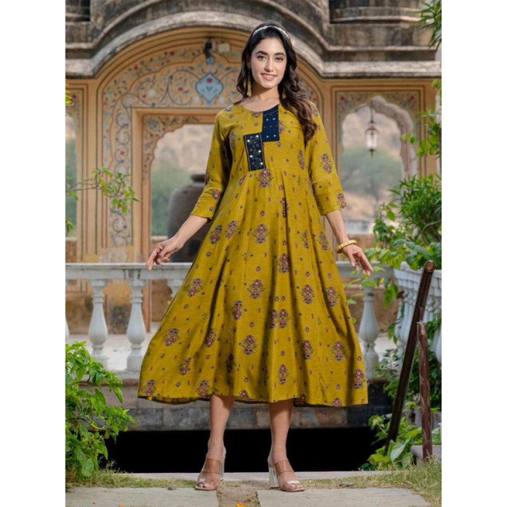 Snuggle Spot Women's Rayon Print With Embroidery Work A-Line Kurti (Mehendi)
