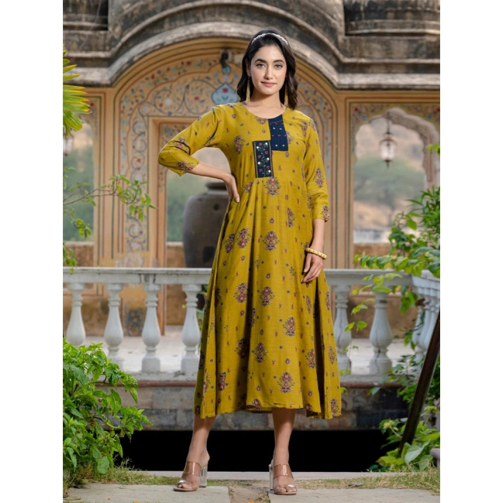 Snuggle Spot Women's Rayon Print With Embroidery Work A-Line Kurti (Mehendi)