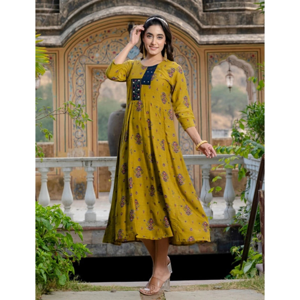Snuggle Spot Women's Rayon Print With Embroidery Work A-Line Kurti (Mehendi)