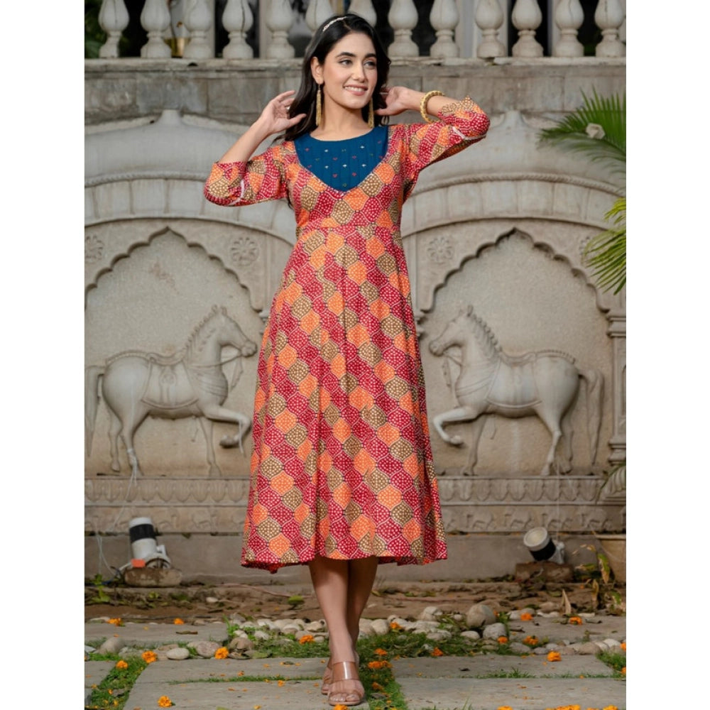 Snuggle Spot Women's Rayon Print With Embroidery Work A-Line Kurti (Multicolor)